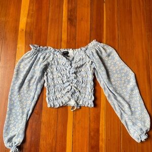 Blue Foral Cinched Ballon Sleeve Summer Shirt